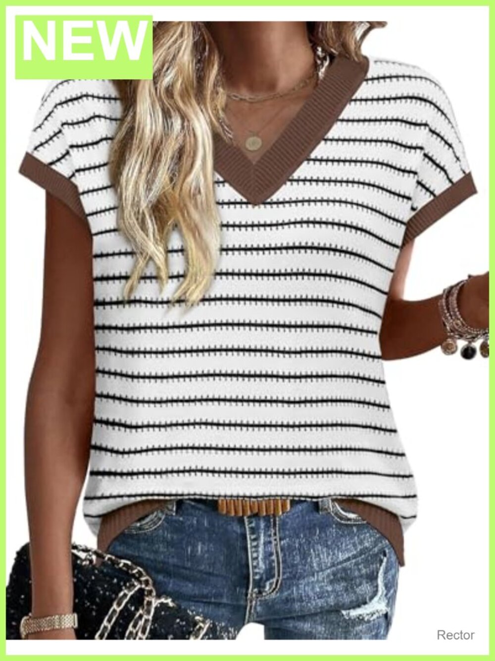 Womens Short Sleeve Sweater V Neck Striped Pullover